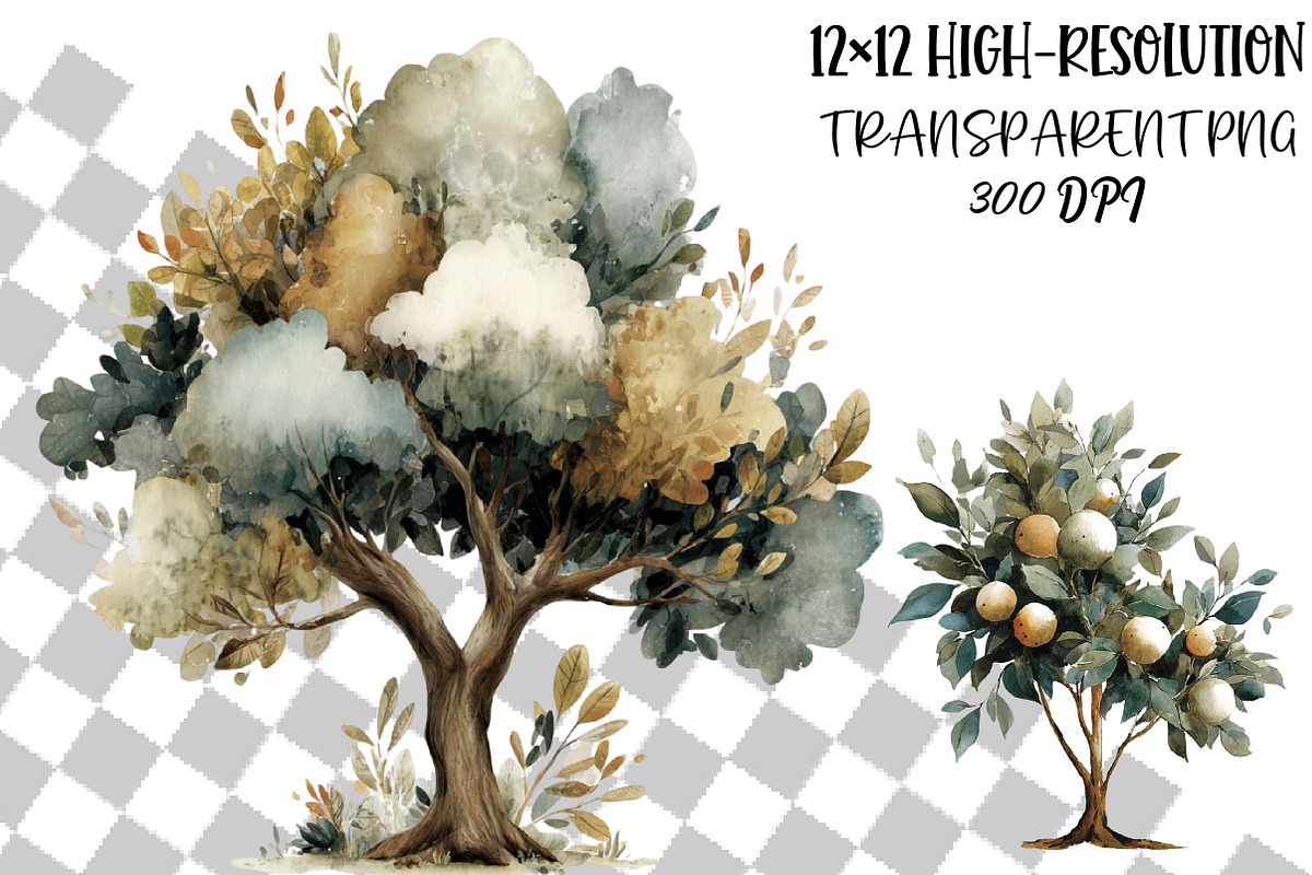 Neutral watercolor tree clipart set, an Object Illustration by DreamCafeArt (Photo 2 of 6)