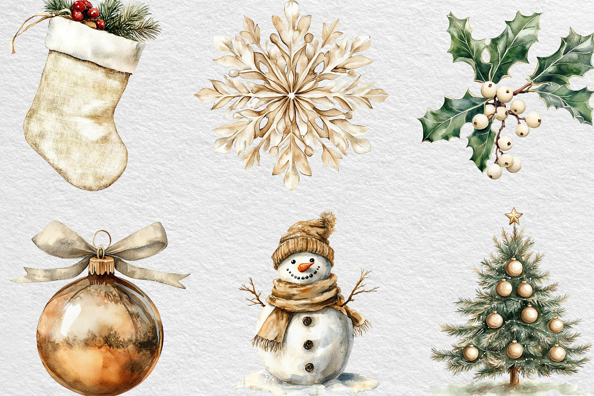 Watercolor Neutral Christmas Clipart, an Illustration by Black Bird Studio (Photo 2 of 6)
