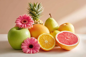 Fresh citrus and fruits with pink gerbera, a Food & Drink Photo by AlyaAnd