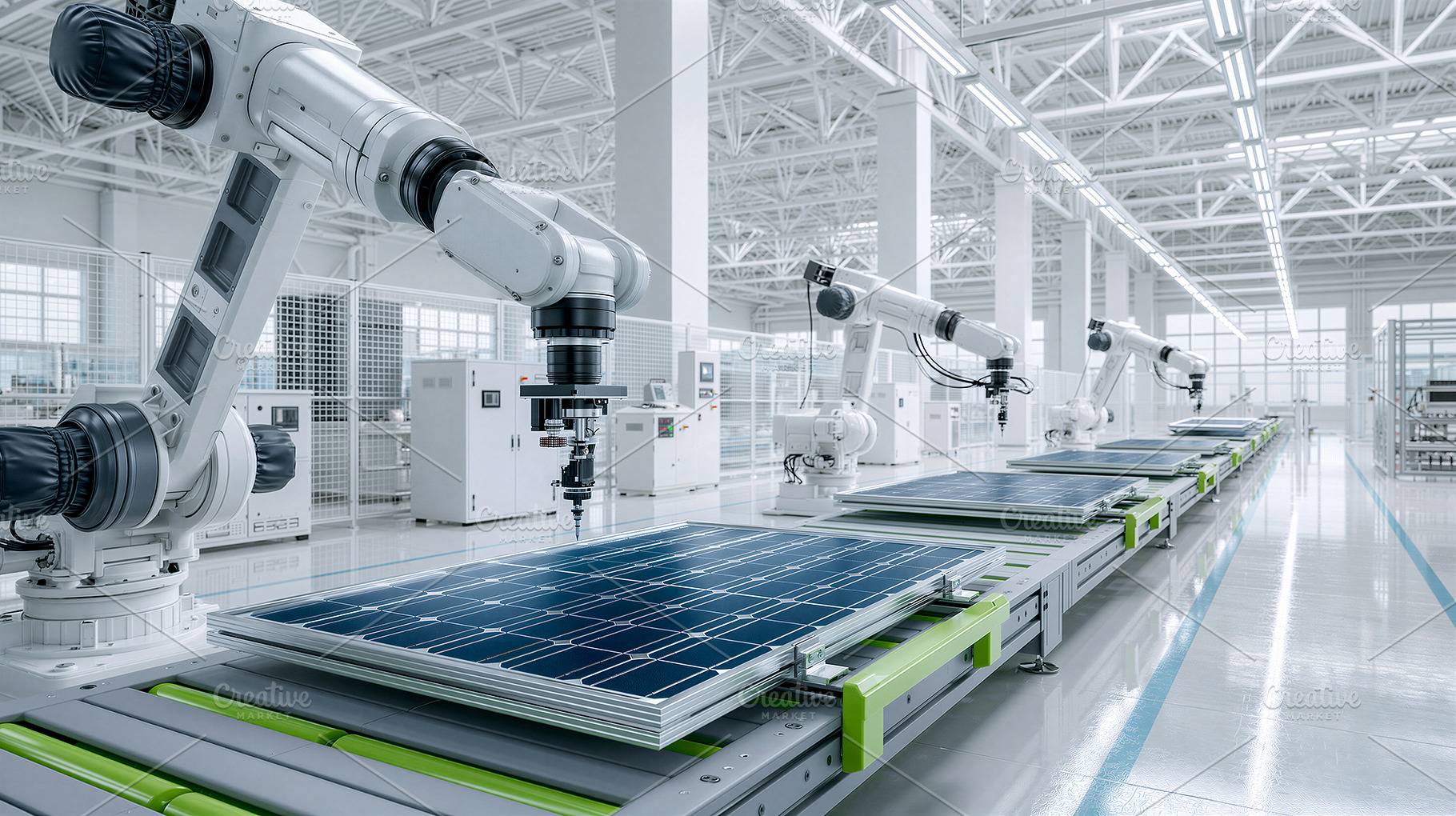 Robotic arms assembling solar panels, an Industrial Photo by 7DesignLab