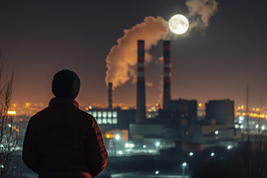 Back view of man looking on smoke emissions from thermal power plant, an Industrial Photo by AlyaAnd
