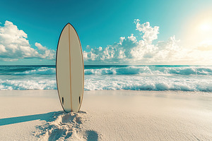 Surfboard stands proudly on the white beach against clear blue skies and rollin, an Arts & Entertainment Photo by AlyaAnd