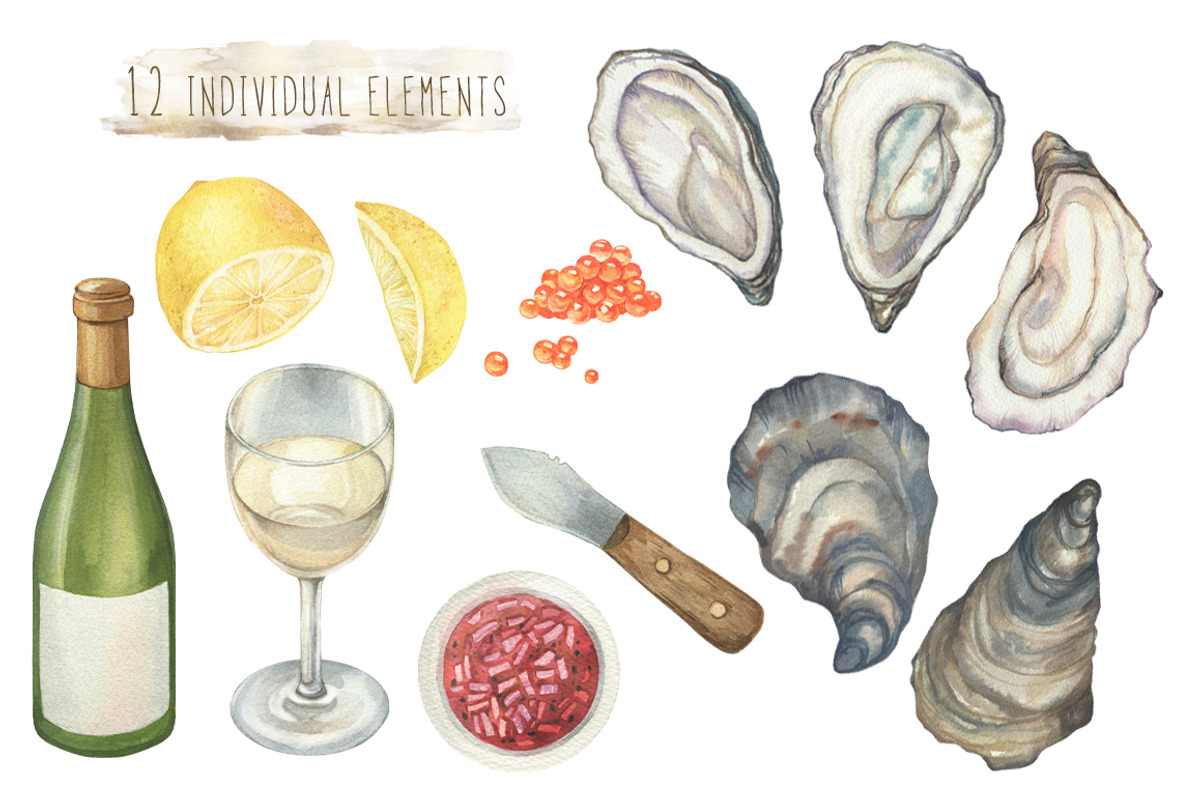 Wine&Oysters watercolor set, an Illustration by PS_patterns (Photo 2 of 4)