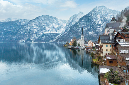 Winter Alpine Hallstatt Town and lake Hallstatter See view (Aust, a Nature Photo by YuriyB