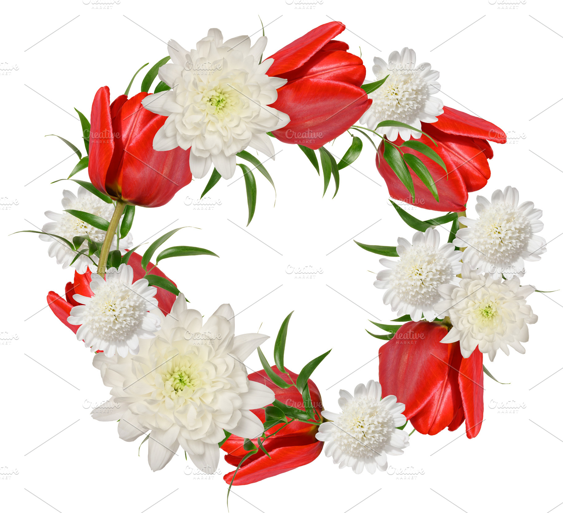 A circular wreath composed of red tulip flowers and fluffy white, a Nature Photo by ndanko