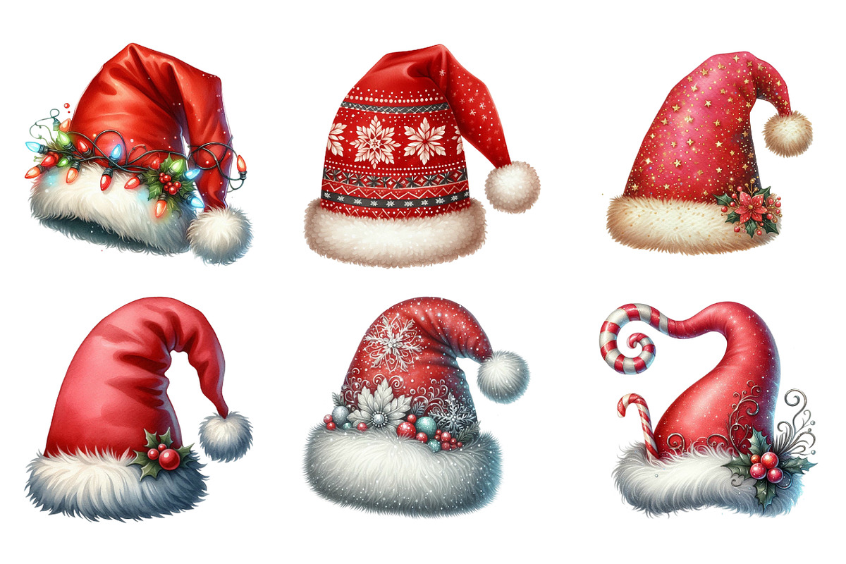 Watercolor Santa Hat Clipart Bundle, an Illustration by SinaCreation (Photo 4 of 7)