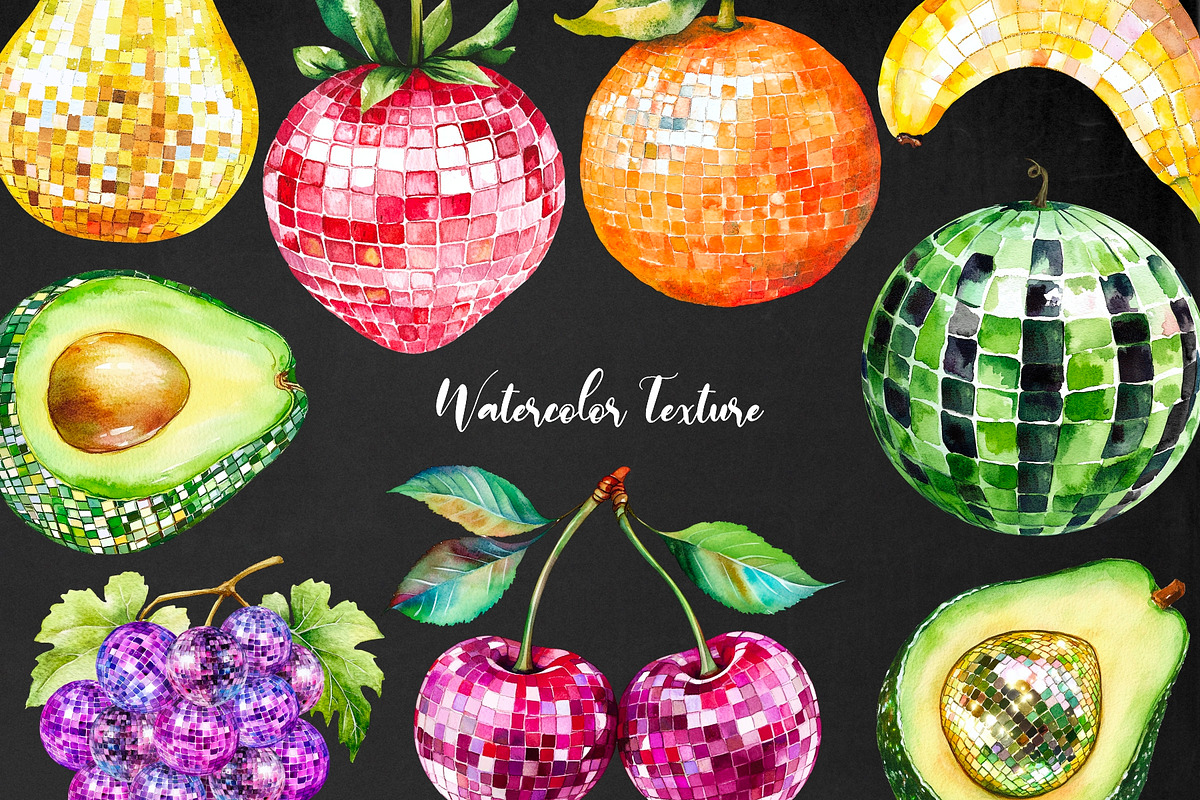 Watercolor fruits disco ball clipart, an Object Illustration by Art and Funny (Photo 3 of 3)