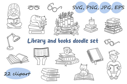 Library and books doodle set