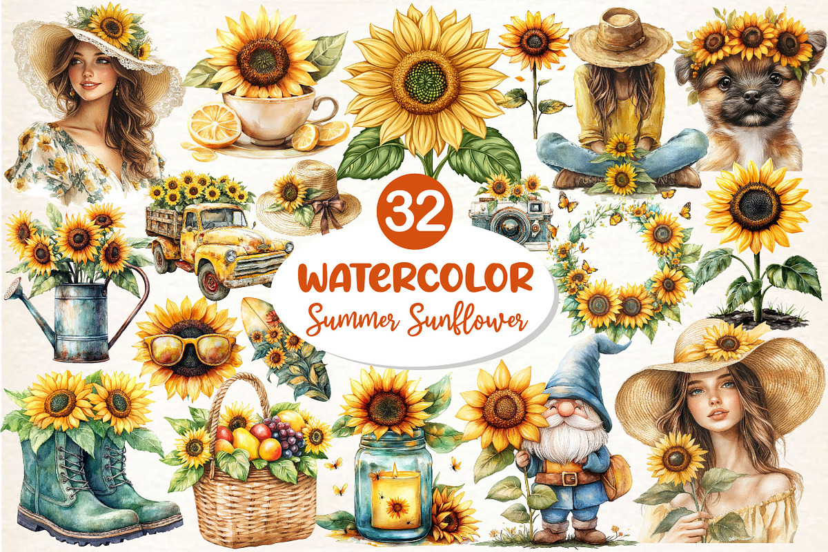 Watercolor Summer Sunflower Clipart, an Illustration by Dream Creation (Photo 1 of 6)