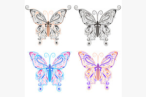 Set Butterflies Ornamental Style