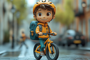 Cheerful child rides an orange bike, a Photo by Tanuart