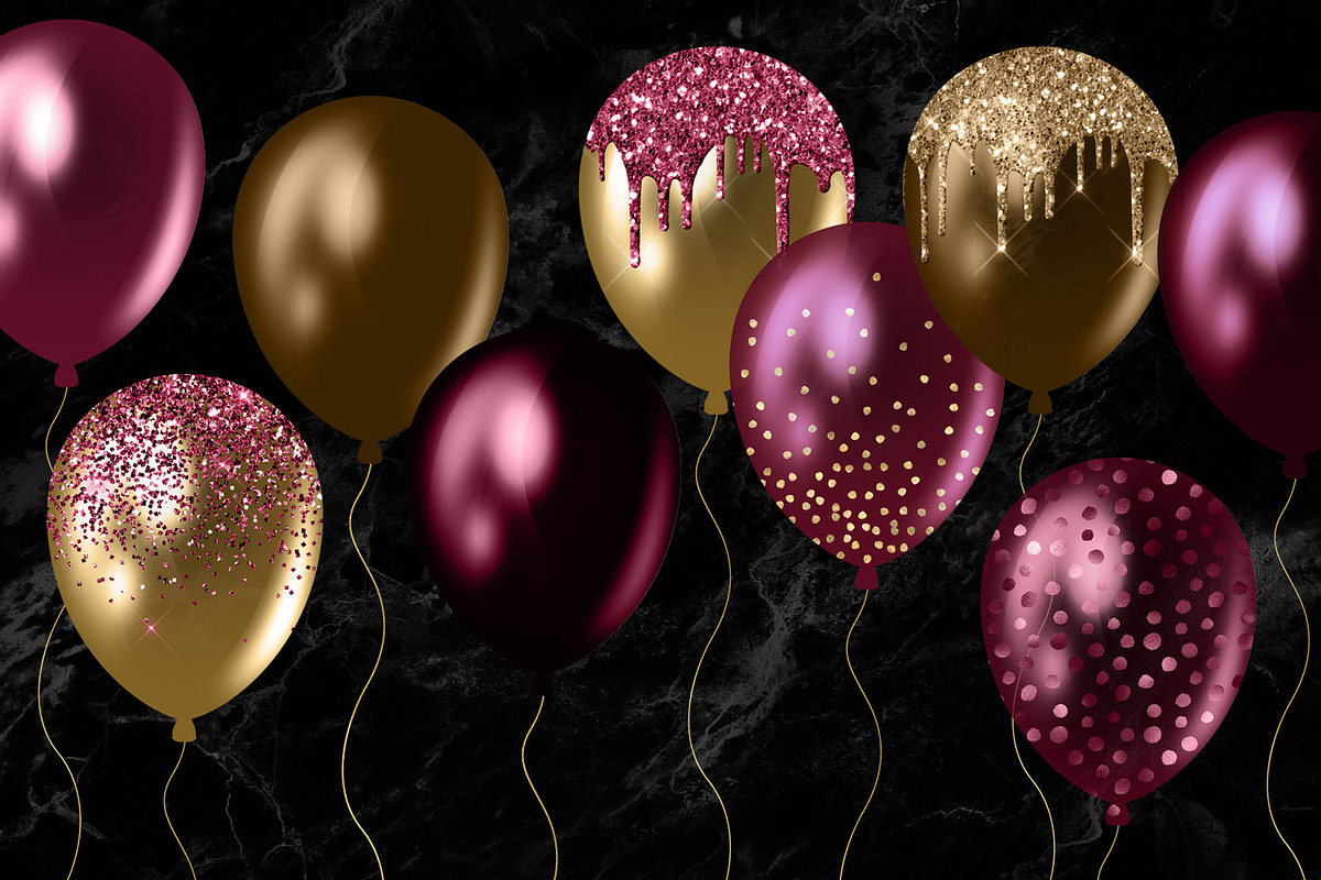 Burgundy and Gold Balloons Clipart, an Illustration by Digital Curio