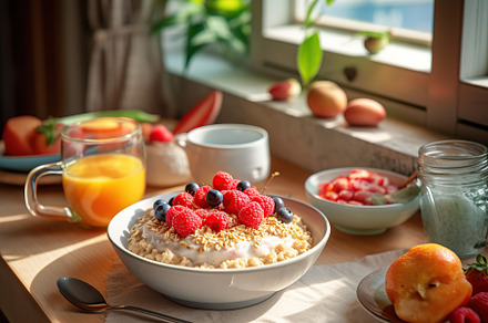 Tasty oatmeal with fruits in bowl on table, a Food & Drink Photo by AlyaAnd