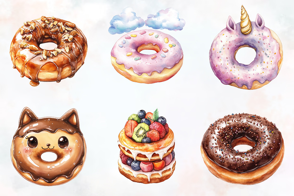 Donut Watercolor Cliparts, an Illustration by RobertsArt (Photo 3 of 7)