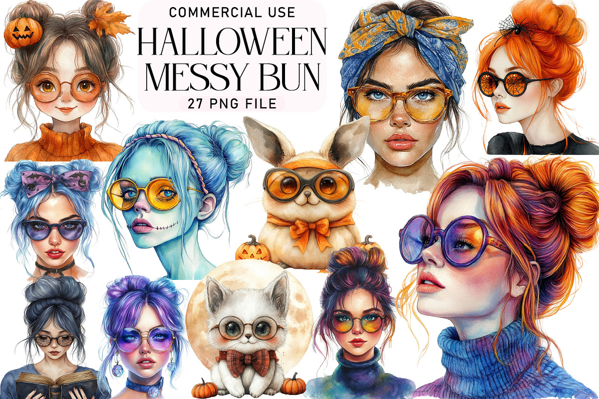 Halloween Messy Bun Png Bundle, an Illustration by Daily.Designs (Photo 1 of 4)