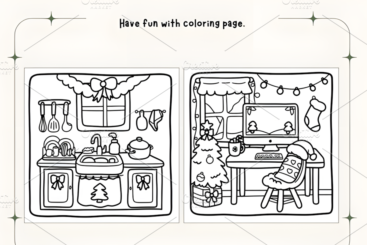 Xmas Corner Coloring Pages, a Seasonal Illustration by Coco Bloom (Photo 2 of 5)