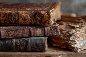 Old leather-bound books stacked, a Photo by Pavel_design