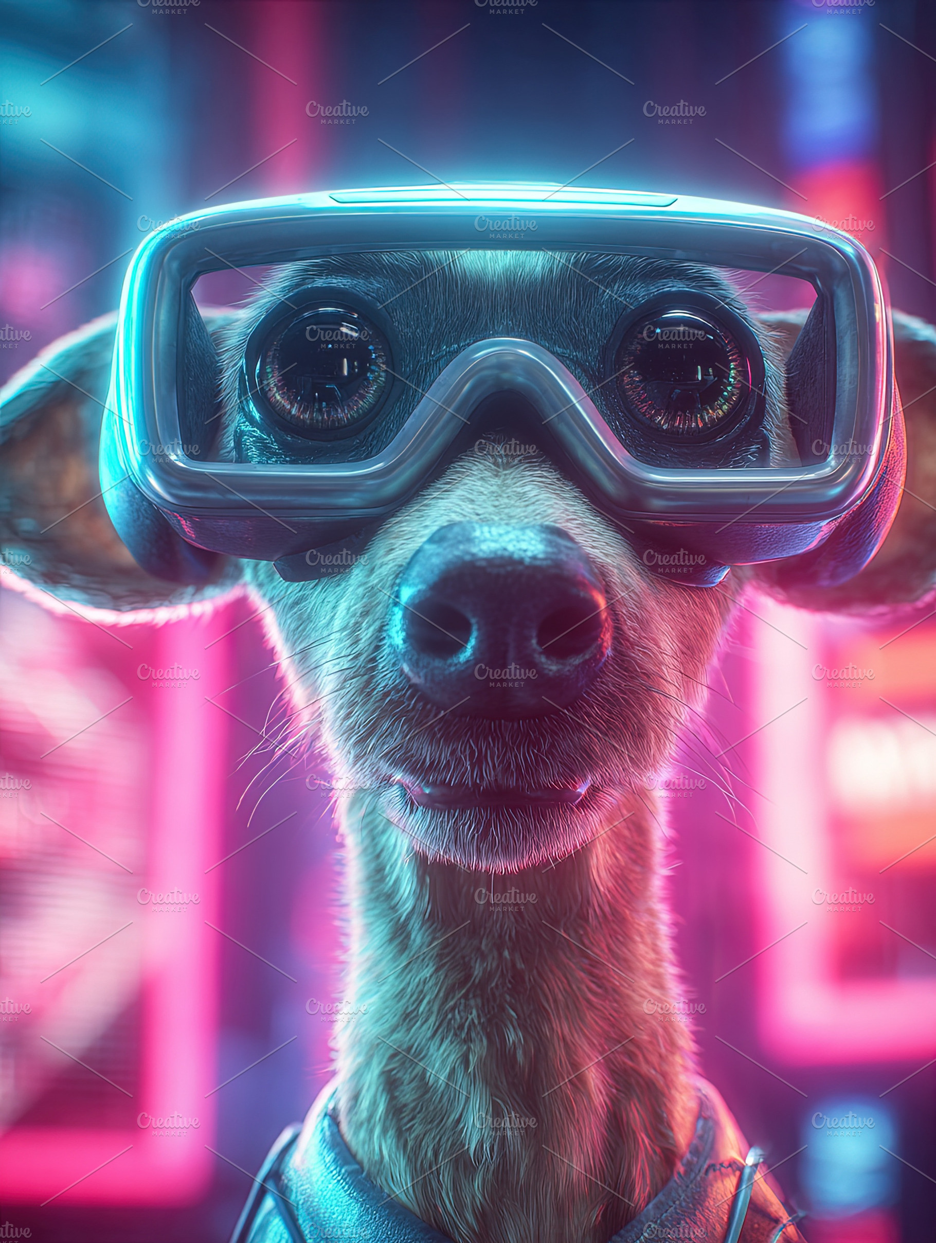 Close-up of a dog wearing large, glowing futuristic glasses in a, an Abstract Photo by Ales Munt