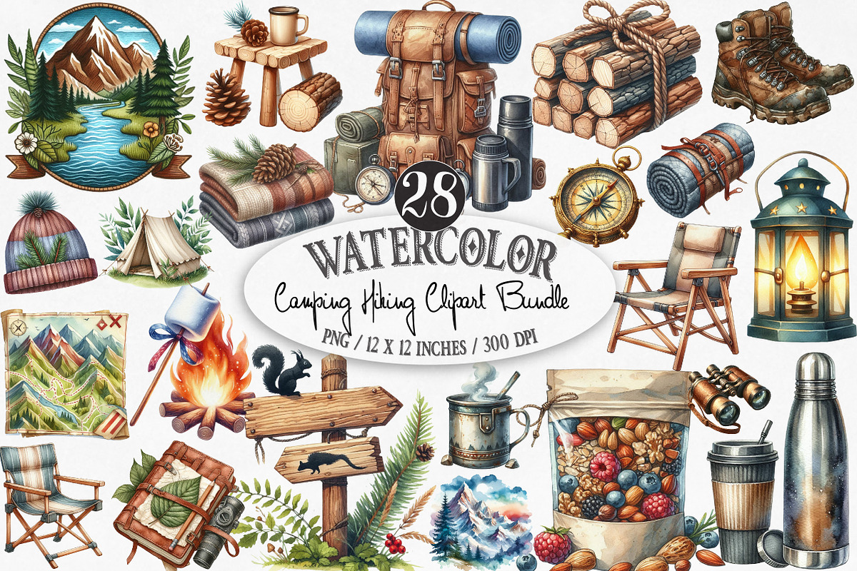 Watercolor Camping Hiking Clip Art, an Illustration by Designking (Photo 1 of 4)