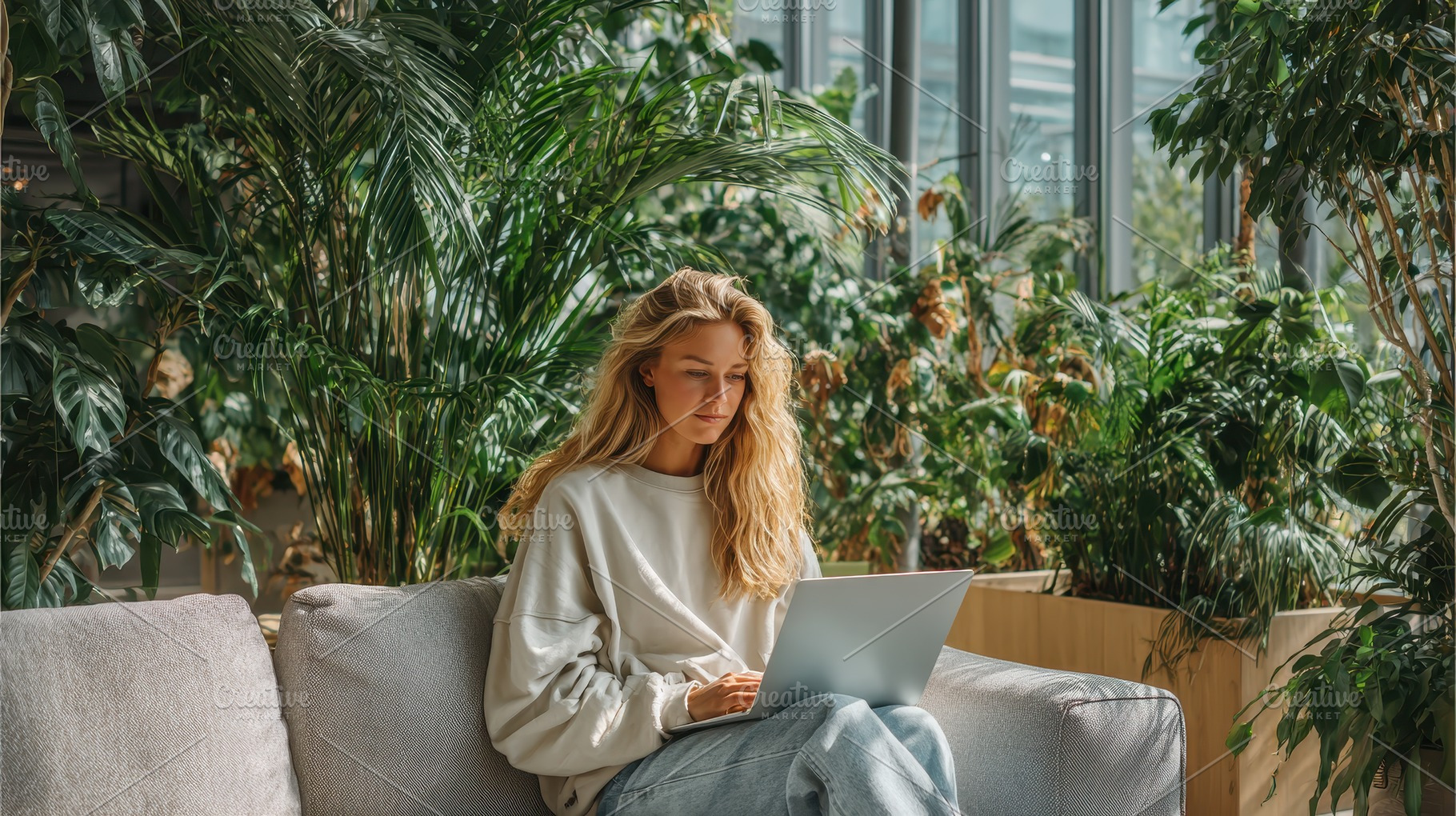 Blonde woman working on laptop surro, a Photo by Pixeness Studio