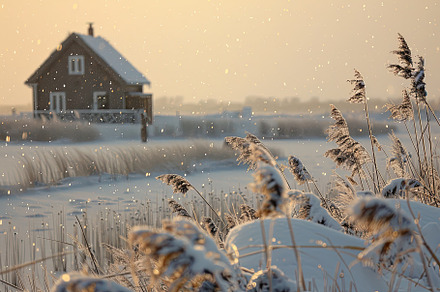 Winter landscape at sunset and house, a Nature Photo by Virgo Studio