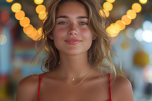 A young woman with light brown hair, wearing a red dress, smiles gently against, a Person Photo by ImageMir