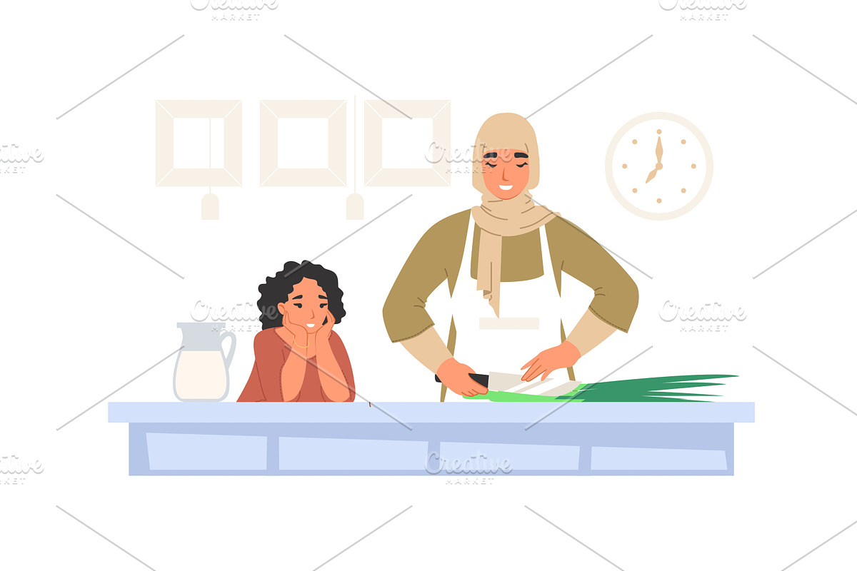 A mother in a headscarf skillfully, a Food Illustration by SiberianArt