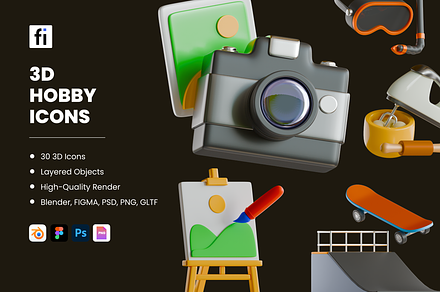 3D Hobby Icon Set, a Characters & Person 3D Model by Flat Icons