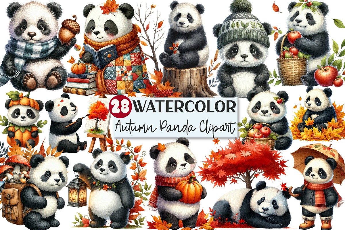 Watercolor Autumn Panda Clipart, an Illustration by Rose Art (Photo 1 of 5)