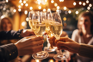 Happy friends having fun and toasting sparkling wine glasses close-up against g