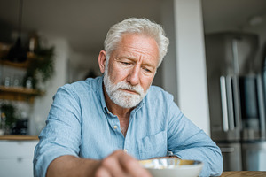 Senior man thoughtfully eating break, a Photo by Pixeness Studio