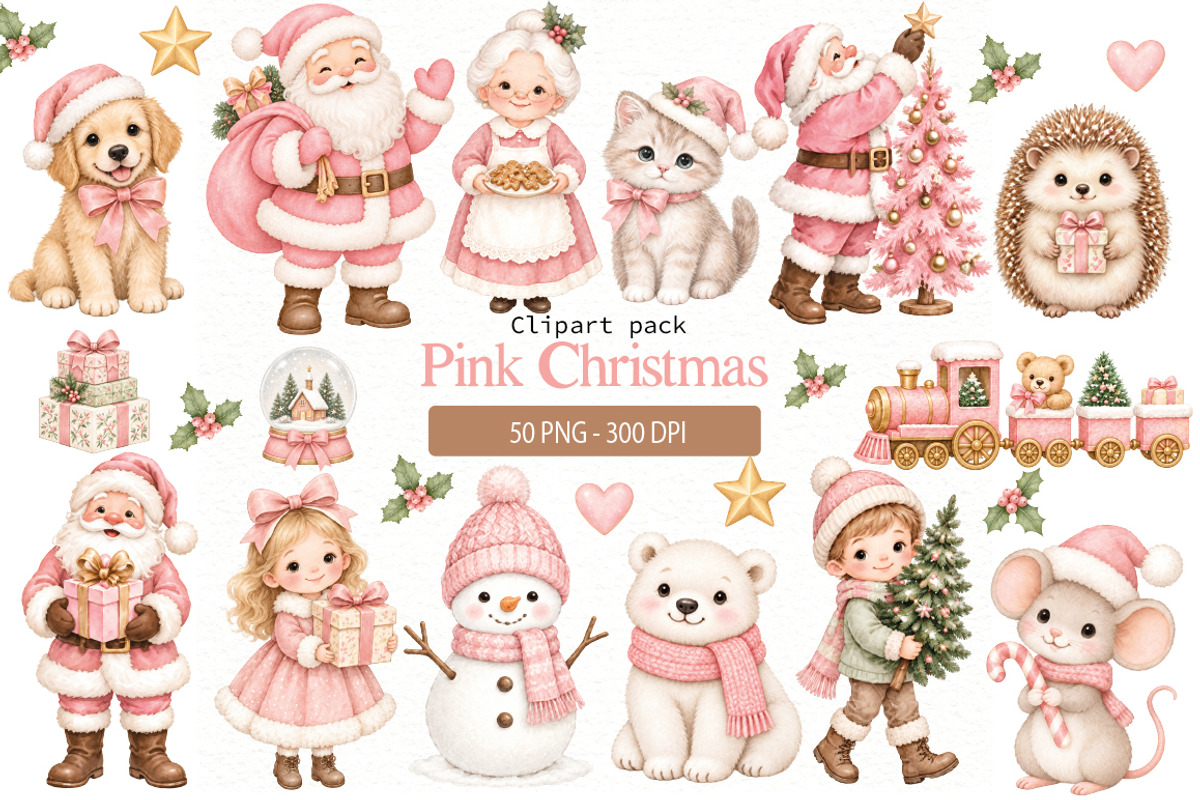 Pink Christmas Clipart Bundle, a Seasonal Illustration by Villa 11 Estudio (Photo 1 of 7)