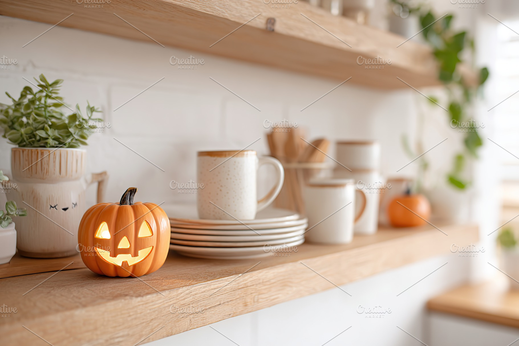 Festive kitchen display featuring pumpkin decorations and tableware for autumn, a Photo by AlyaAnd