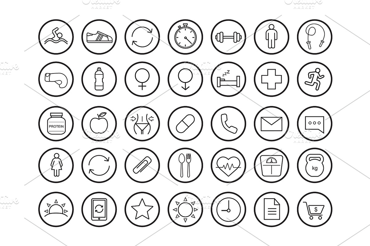 Fitness. 35 linear icons. Vector, an Outline Icon by IMG Visuals