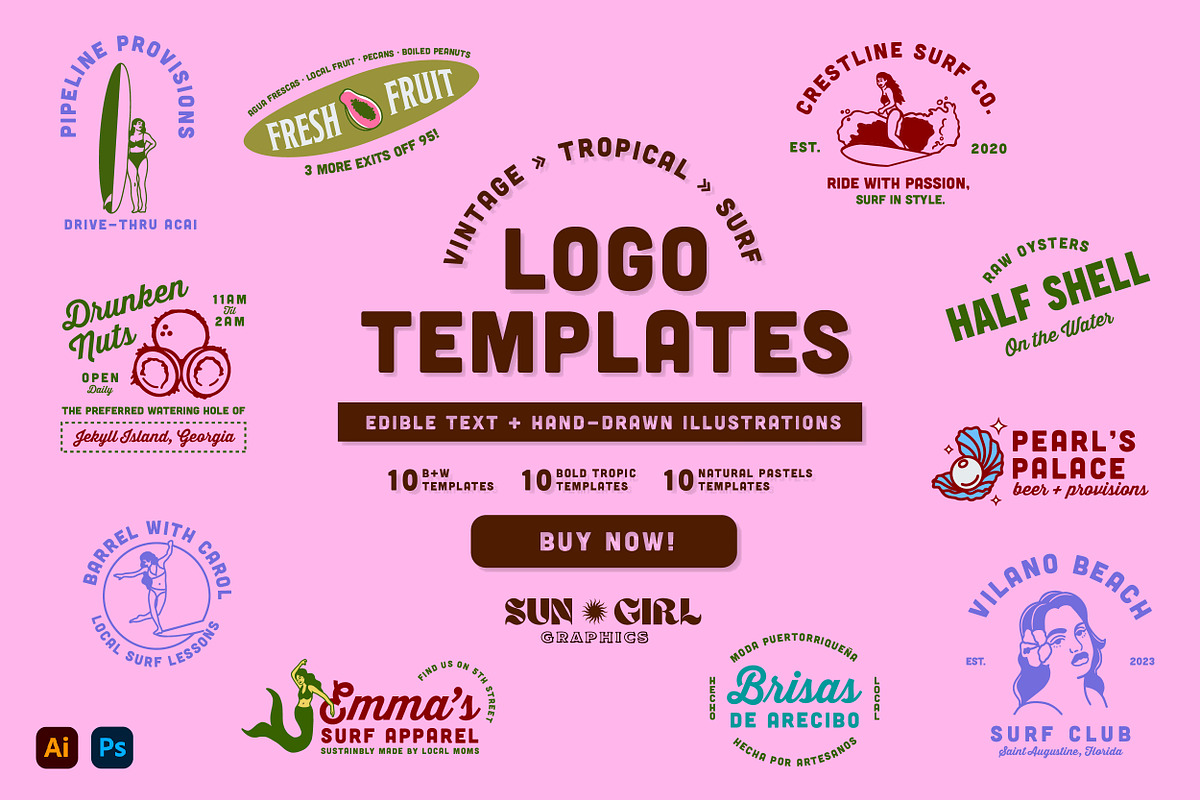 Vintage Tropical Surf Logo Templates, a Branding & Logo Template by sungirlgraphics (Photo 1 of 12)