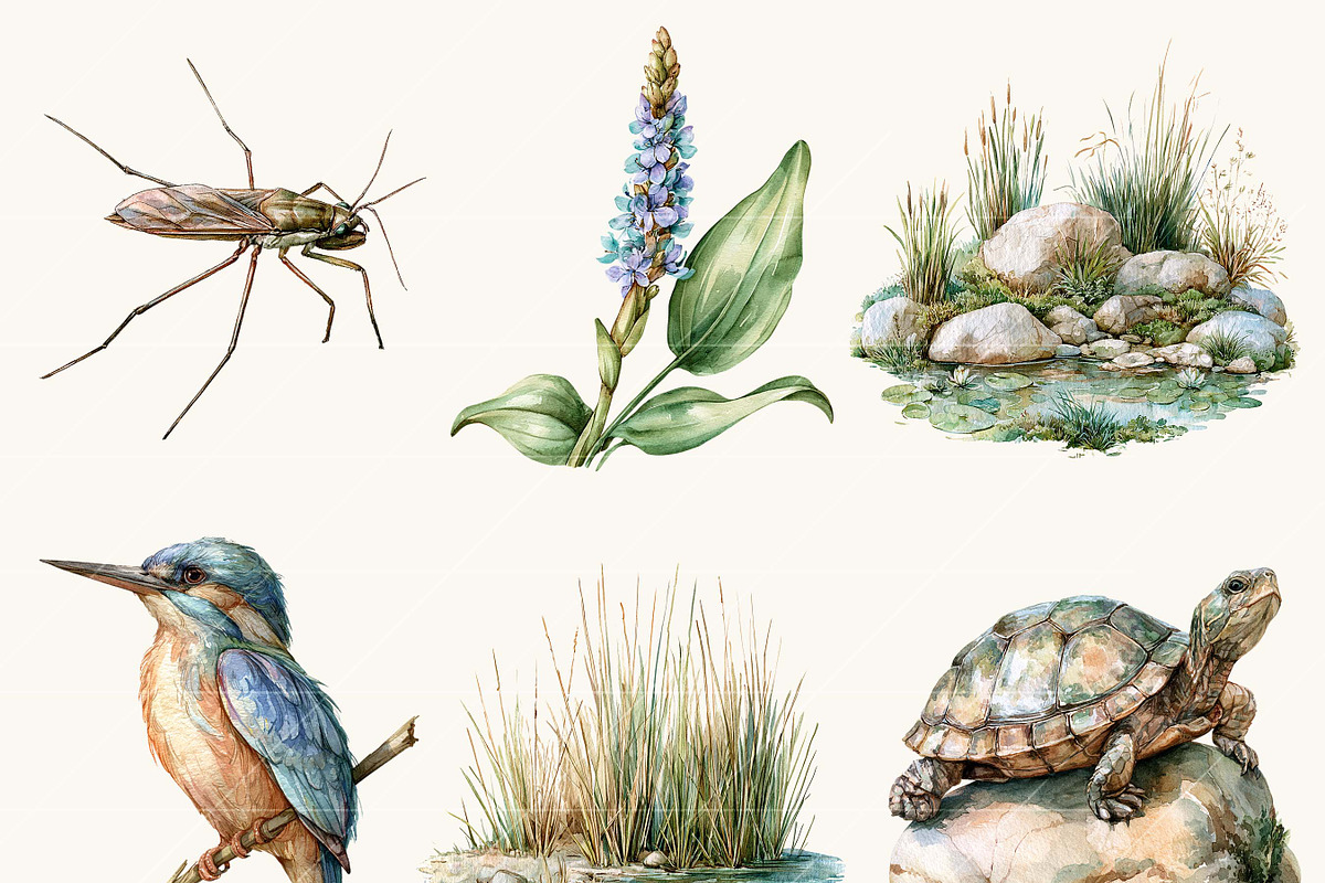 Watercolor Summer Pond Nature, an Object Illustration by BusyDaydesign (Photo 4 of 9)