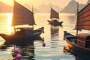 Golden Sunset Asian Waters Guilin Ch, a Transportation Illustration by Sharon Schwalbe (Thumbnail 2 of 2)