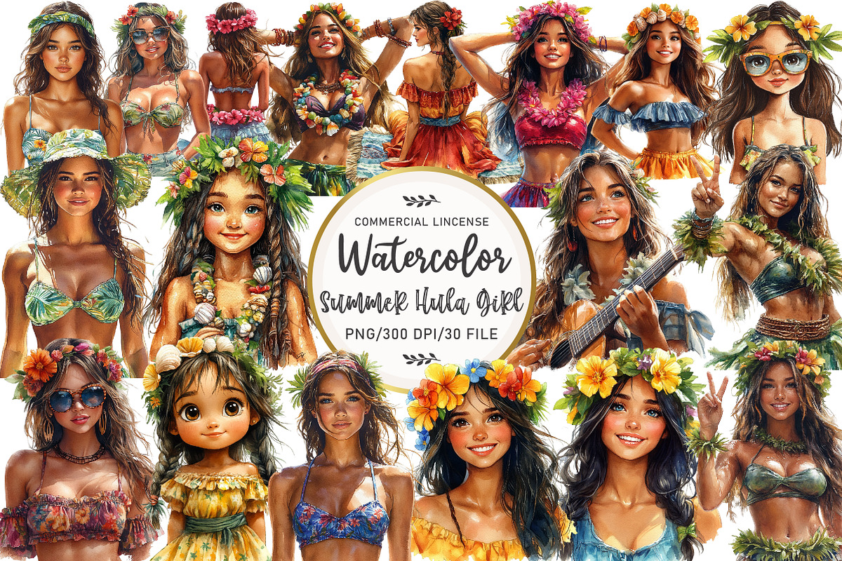 Summer Hula Girl Clipart, an Illustration by OK Design (Photo 1 of 5)
