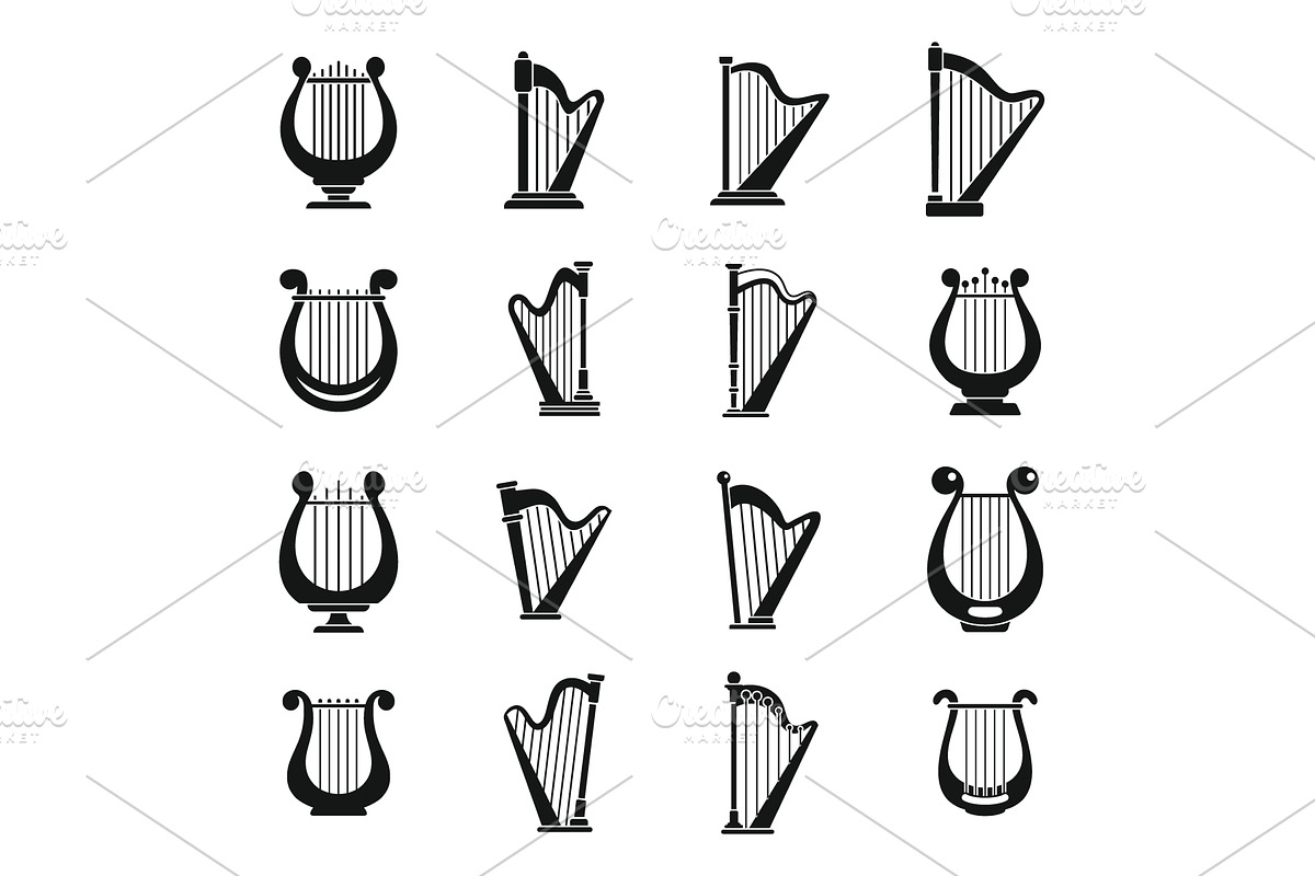 Harp music icons set, simple style, an Object Illustration by Ylivdesign