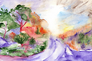 Watercolor Fantasy Forest Landscape