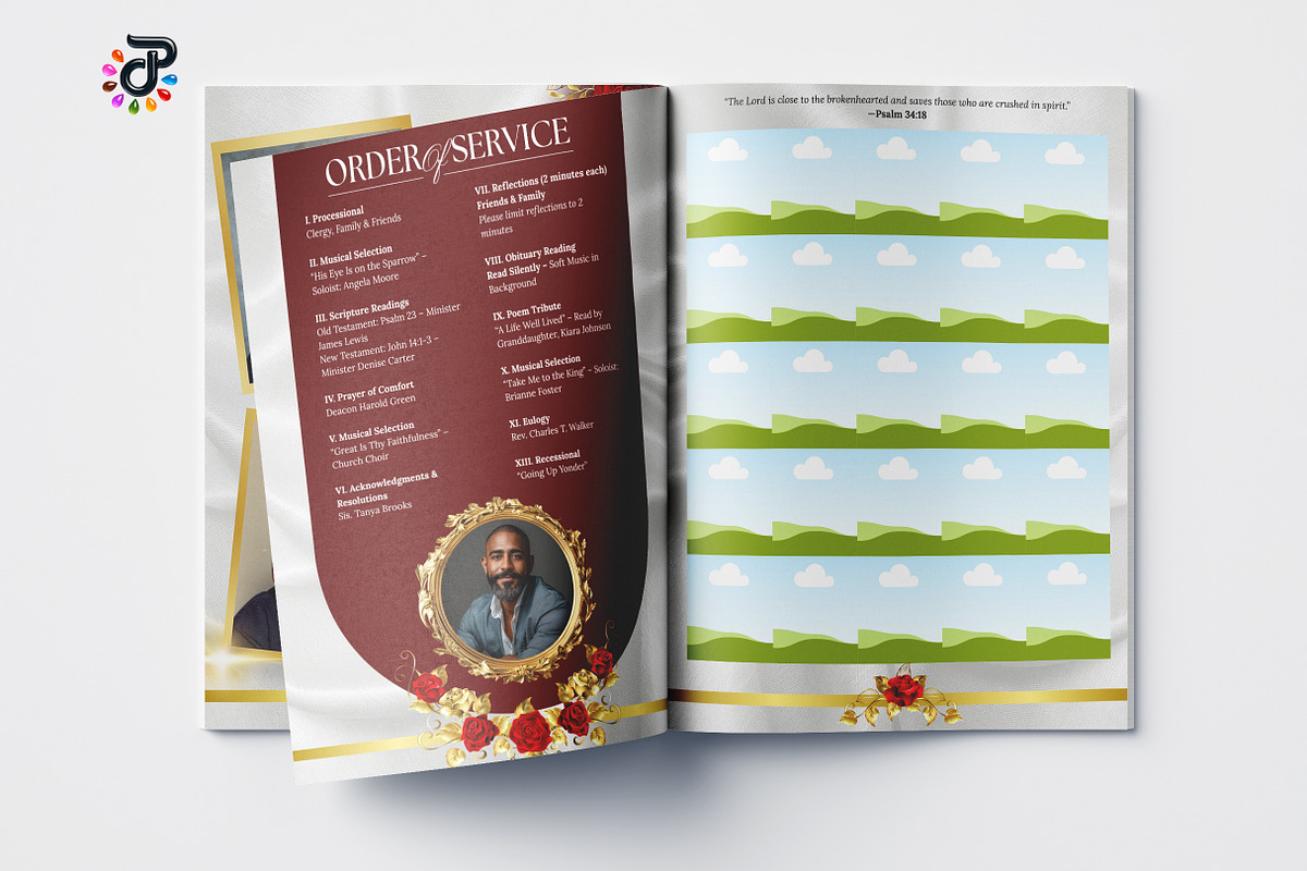 Elegant Canva Obituary Template DesignO V E R V I E W Celebrate life beautifully with our Funeral Program Obituary Template. Designed in Canva, this 8-page magazine-style layout offers a preview 7
