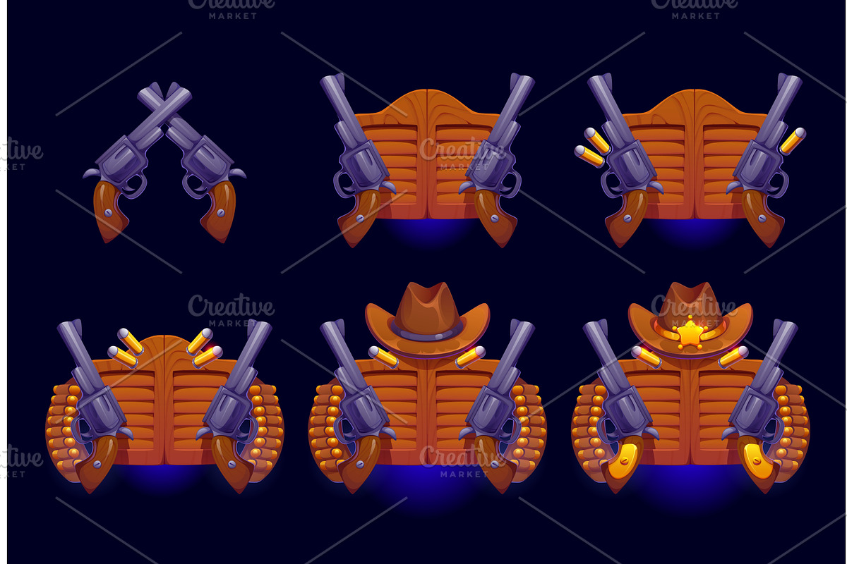 Western cowboy game rank badges, an Illustration by Vector Tradition