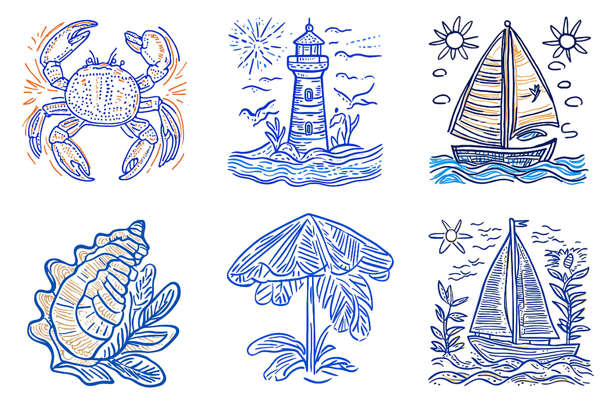 Summer Coastal Hand Drawn Line Art, an Illustration by Designking (Photo 4 of 5)