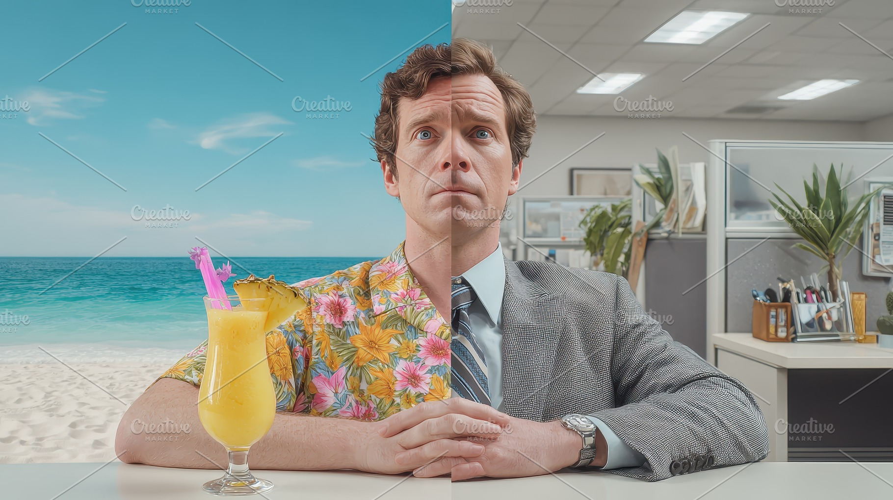 Man split between beach vacation and, a Photo by Pixeness Studio