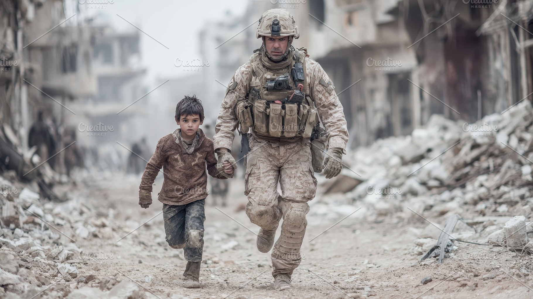 Soldier rescues child in warzone rub, a Photo by Pixeness Studio