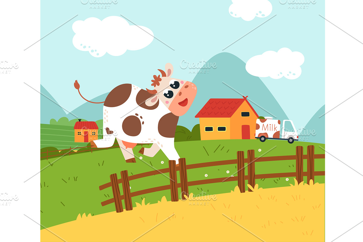 Happy cartoon cow on green meadow, an Animal Illustration by LadadikArt