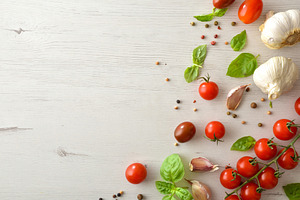 Fresh Ingredient Border on Wooden Background, a Food & Drink Photo by Davizro's Market
