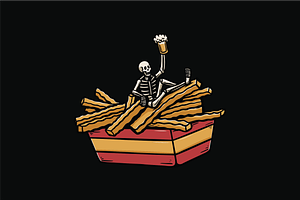 Skeleton in Fries Box with Beer, an Object Illustration by nomlimo.com