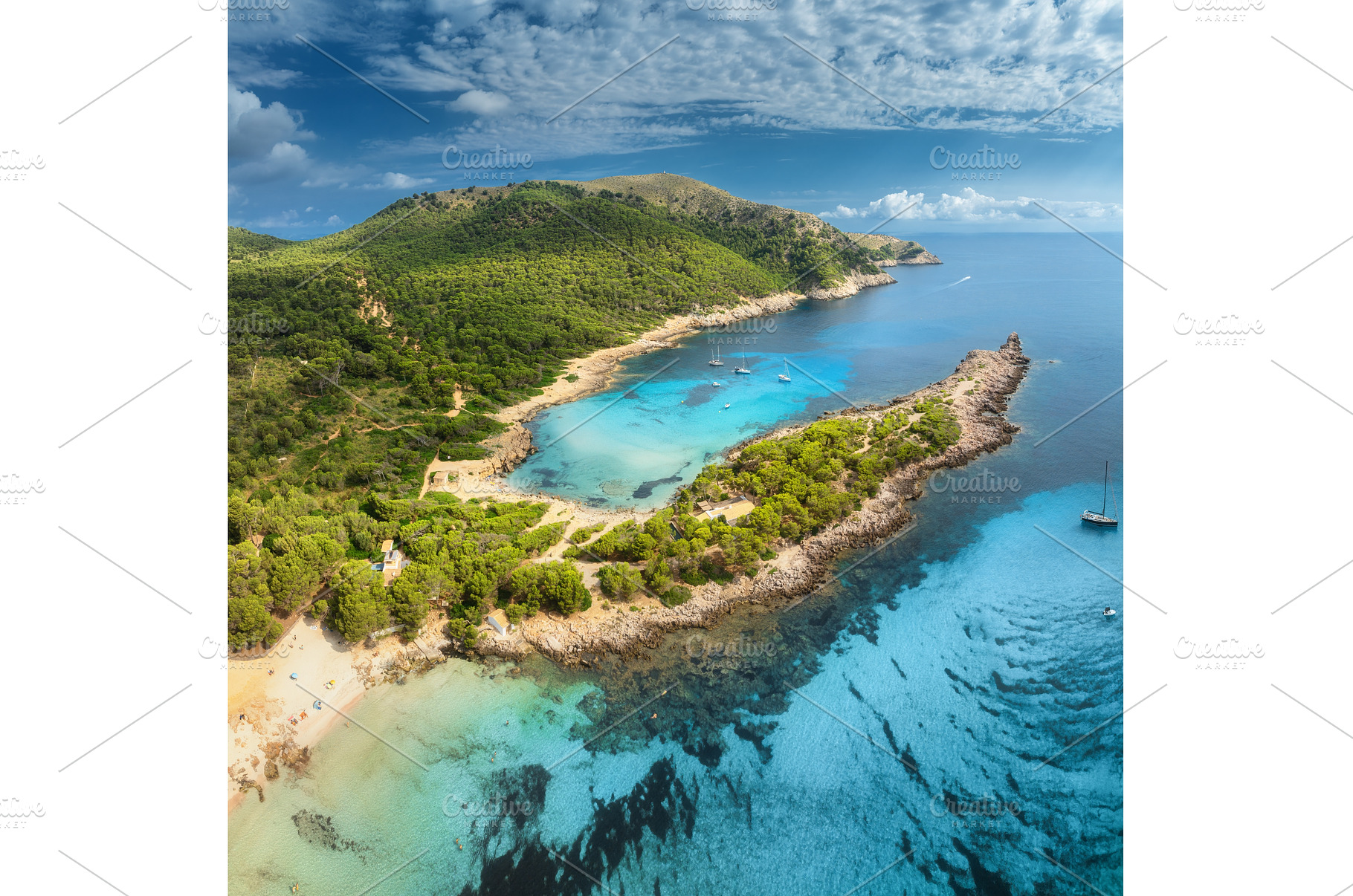 Aerial view of Cala Agulla beach, a Nature Photo by den-belitsky