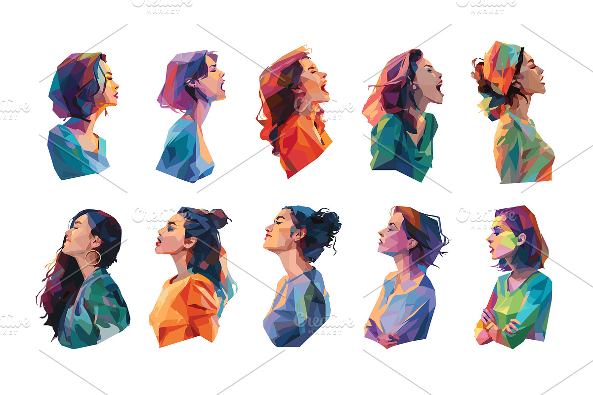 Female portraits low poly vector set, an Object Illustration by Onyx